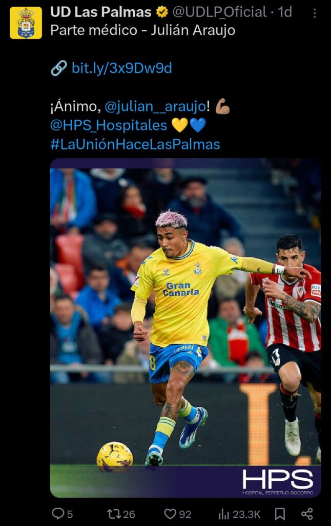 ¡MALAS NOTICIAS! JULIÁN ARAUJO ESTARÁ 2 SEMANAS DE BAJA CON LAS PALMAS POR LESIÓN