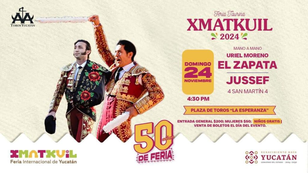 Cartel de la Feria Yucatán Xmatkuil 2024 con toreros como Román Collado y Antonio Ferrera en la plaza portátil "La Esperanza"