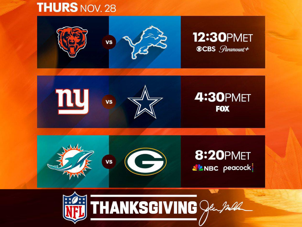 ¡Cartelera triple de NFL por el “Thanksgiving”!