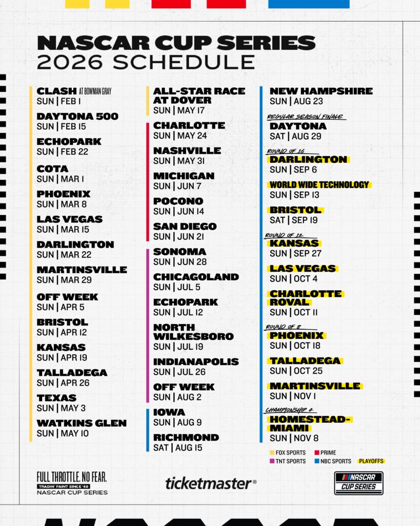 Calendario NASCAR Cup Series 2026/Imagen: X (@NASCAR)