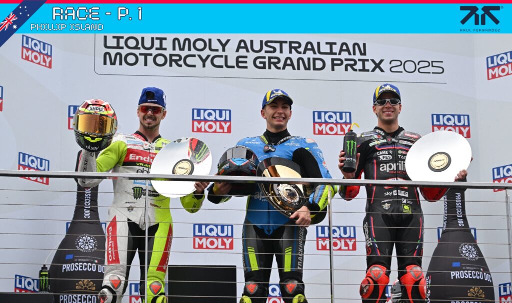 El podio en el GP de Australia en MotoGP/Imagen: X (@25RaulFernandez)