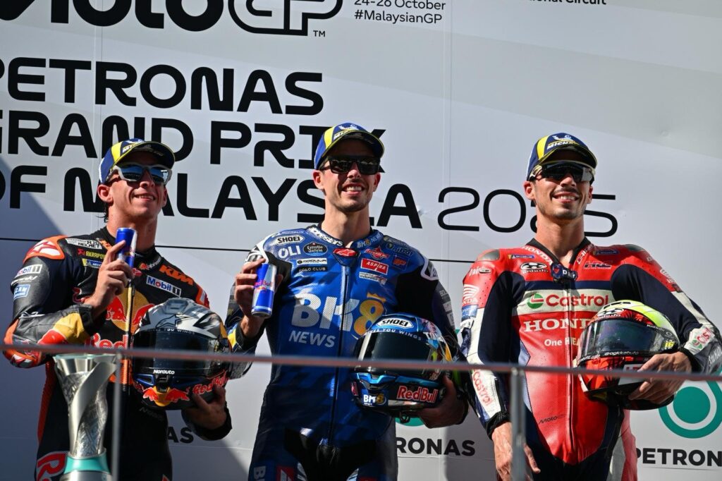 El podio en el GP de Malasia en MotoGP/Imagen: X (@Michelin_Sport)
